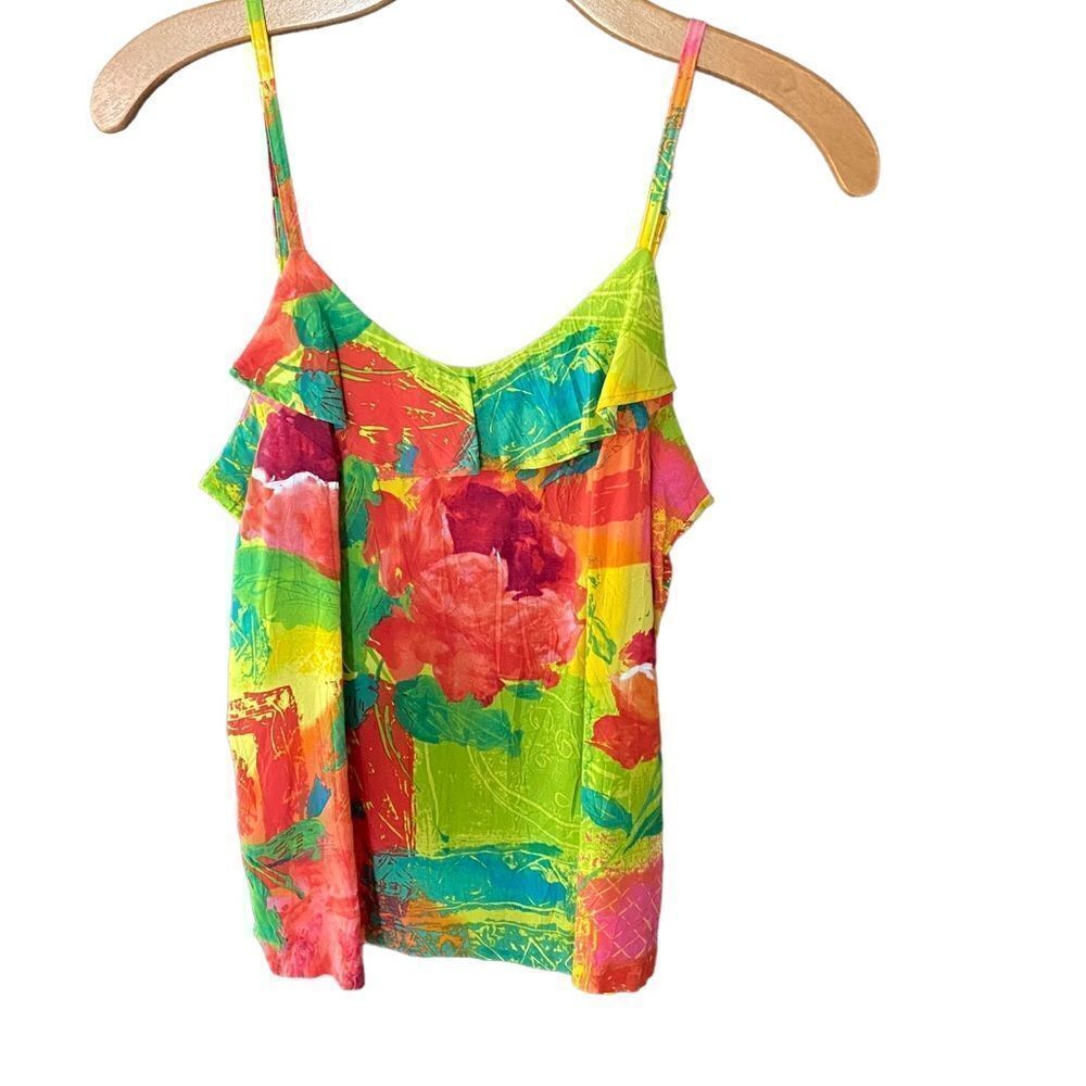 Jams World Sz XS Rose Fusion Green Pink Adjustable Spaghetti Strap Ruffle Top
